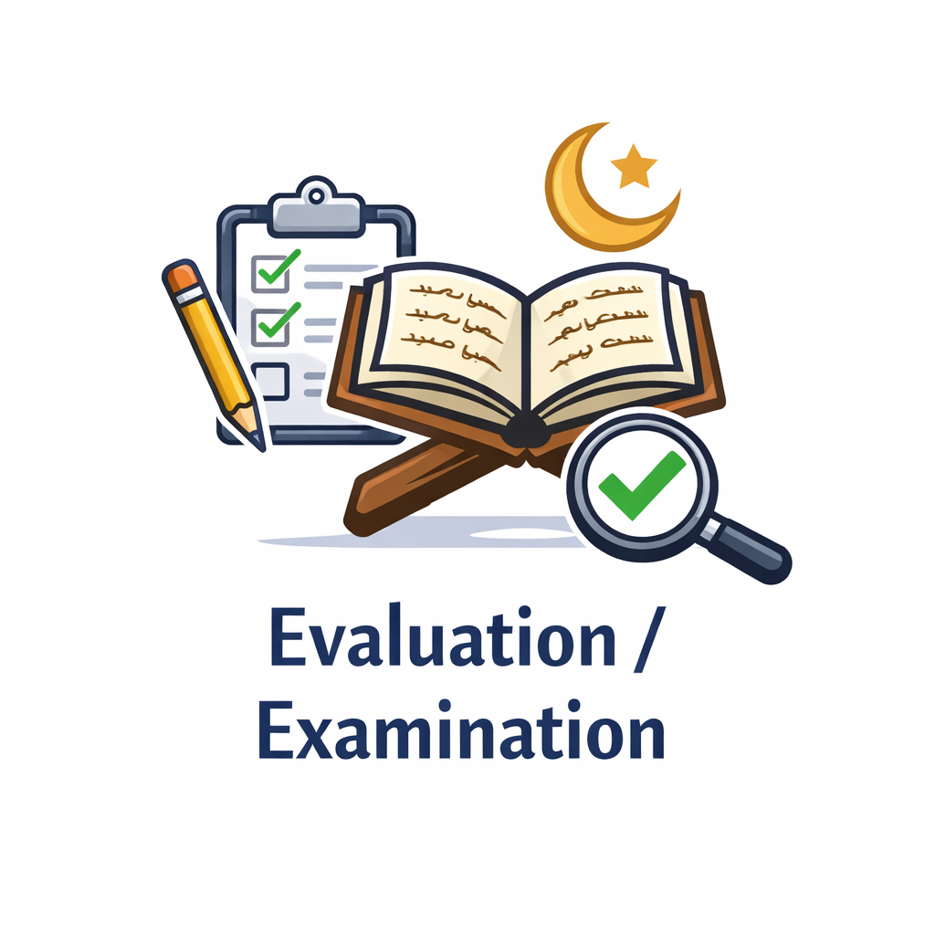 Icon representing online Quran evaluation and examination with checklist, pencil, and magnifying glass